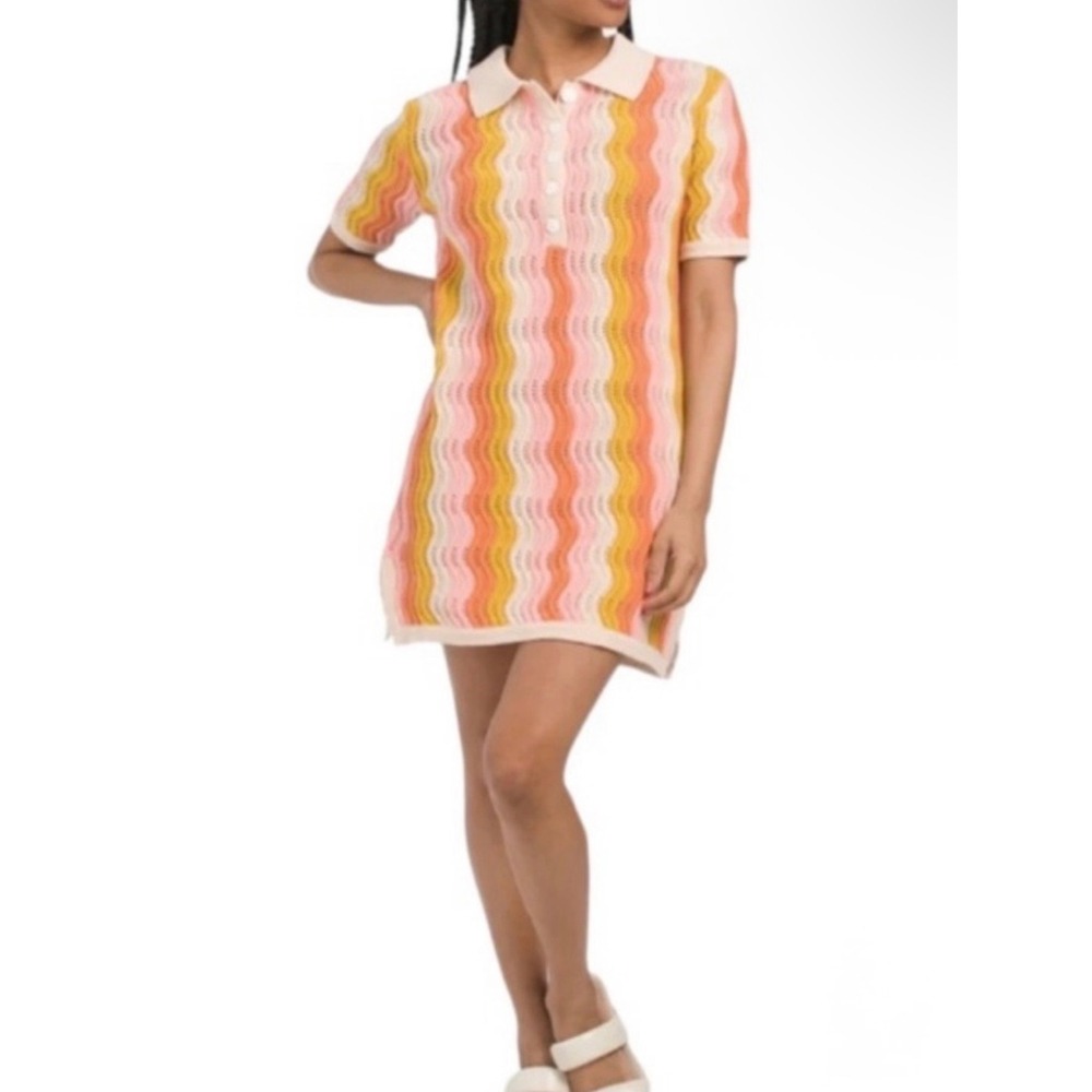 Heartloom Crochet Knit Polo Mini Dress Pink Orange Stripe Size Small